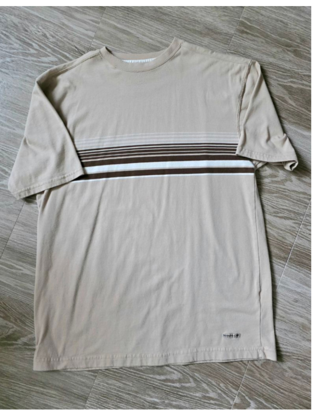 Men's Vintage Ferruche Short Sleeve Tee L Beige with Brown Stripes